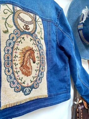 Upcycled HORSE Denim moto Jacket tapestry Back detailing equestrian western vibe